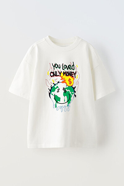 THEWERT Tricou alb din bumbac oversize - Tou Loved Only Moneyt Design imprima...
