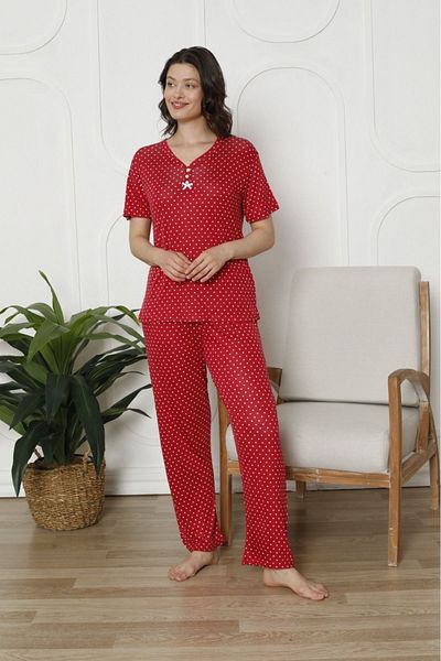 ASMATEKSTİL Red and White Polka Dot Women's Pajamas Set
