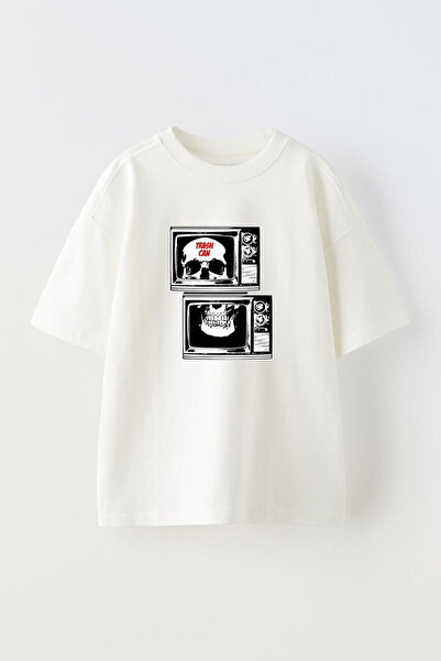 THEWERT Bela Oversize kroj Unisex T-shirt - Dizajn kante za smeće za TV
