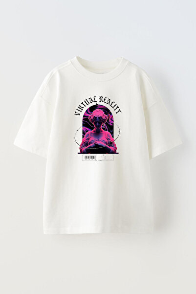 THEWERT Bela unisex Oversize kroj T-shirt - Dizajn virtuelne realnosti Štampa...