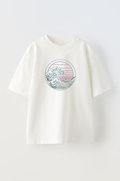 THEWERT Bela Oversize kroj Unisex T-shirt - Jopon Wave Design Štampano Pamuk