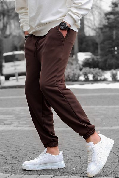 BayBayan Ανδρικό καφέ ελαστικό παντελόνι Jogger με τρία νήματα