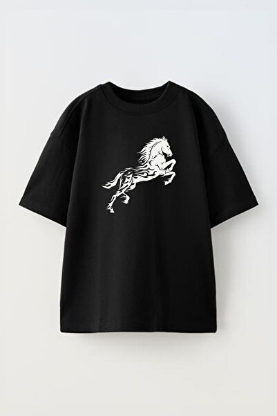 THEWERT Tricou oversize din bumbac negru - Imprimat unisex Running Horse Design