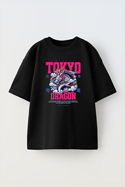 THEWERT Tokio Dragon Štampano Unisex crna Pamuk Oversize kroj T-shirt