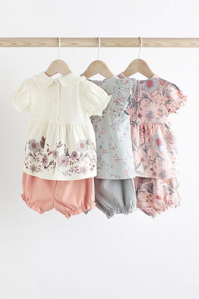 Next Baby Pink Floral Patterned 100 Cotton Short Sleeve Shorts Set - Set of 3