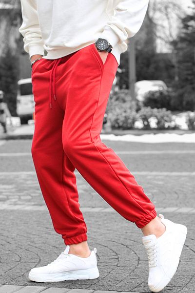 BayBayan Ανδρικό κόκκινο παντελόνι Jogger με ελαστικό πόδι με τρία νήματα