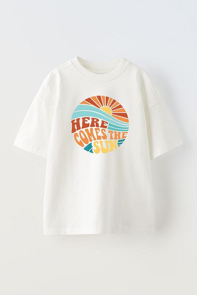 THEWERT White Oversize Cotton T-shirt - Unisex, Here Comes The Sun Design Printed