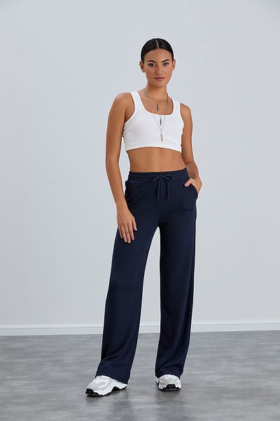 Dream Style Pantaloni de sport pentru femei, albastru bleumarin, cu croială largi, cu buzunare largi