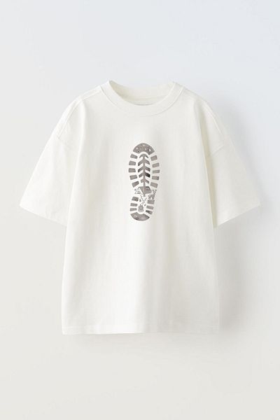 THEWERT Tricou alb oversize din bumbac - Imprimat cu design de amprentă de camping, unisex