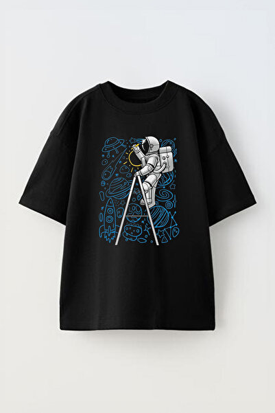 THEWERT Unisex Astronaut Štampano Crna Pamuk Oversize kroj T-shirt