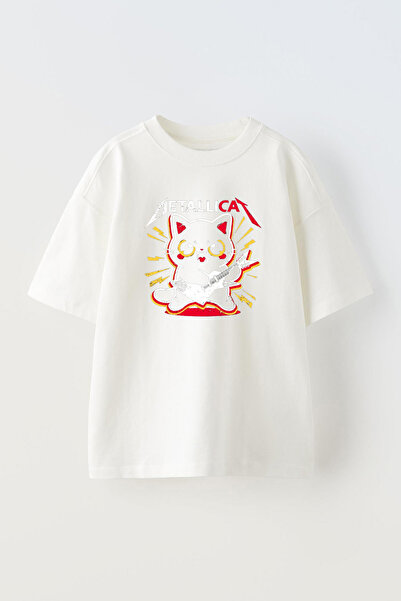 THEWERT Metallıca Cat Red Štampano - Unisex bela Oversize kroj Pamuk T-shirt