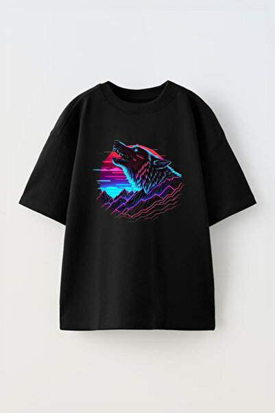 THEWERT Wolf Design Štampano Unisex crna Pamuk Oversize kroj T-shirt