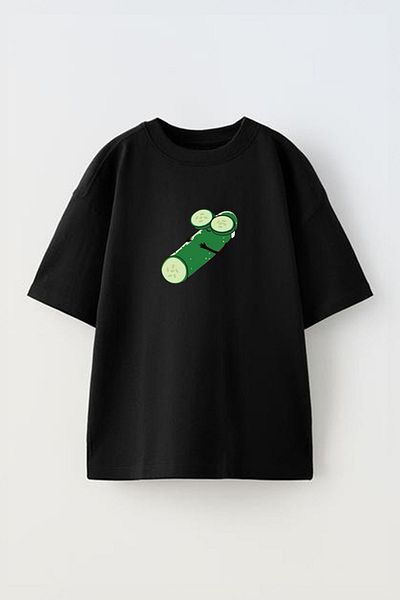 THEWERT Tricou oversize din bumbac negru - Imprimat unisex cu castraveți dulci