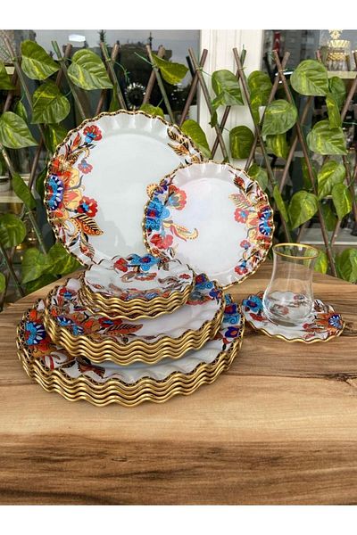 GÜRCÜGLASS طقم إفطار ذهبي موديل زهرة بيضاء 24 قطعة