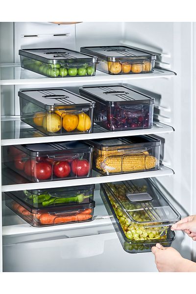 Eva Mia 4x Pieces Smoked 3 Lt Frostora Refrigerator Organizer with Lid - Storage Container and Organizer