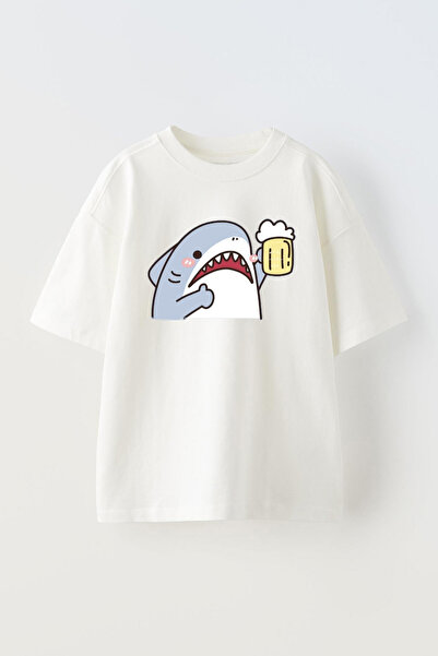 THEWERT Bela Pamuk Oversize kroj T-shirt - Unisex, dizajn ajkule Sahroş Štampano