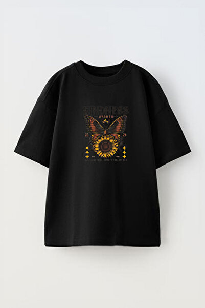 THEWERT Unisex Pamuk Oversize kroj T-shirt - Dizajn leptira i suncokreta Štam...