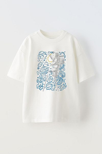 THEWERT Λευκό Space Doodle Astronaut Printed Unisex Oversize βαμβακερό μπλουζάκι
