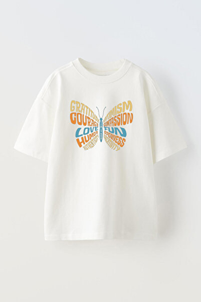 THEWERT Tricou alb din bumbac supradimensionat - unisex, design cu fluture scris