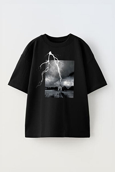 THEWERT Lightning Design Štampano Unisex Pamuk Crna Oversize kroj T-shirt