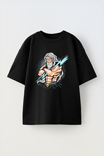 THEWERT Футболка Thunder Zeus God Desenli Unisex Siyah Oversize Pamuk