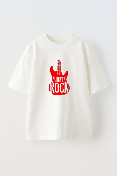 THEWERT Tricou oversize din bumbac alb unisex cu imprimeu Just Rock