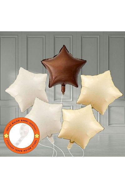 Konsept Sepeti 18-Inch Beige and Brown Retro Star Pattern 5-Piece Party Balloon Set with Balloon Tape Gift