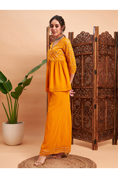 Sassafras By Styli Embellished Gathered Detail Peplum Top and Wide Leg Pants Co-ords