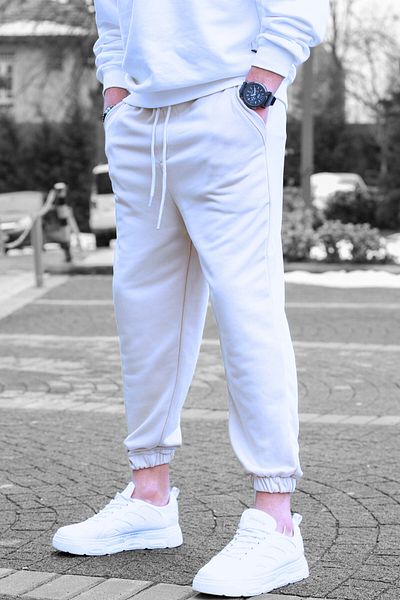 BayBayan Ανδρικό λευκό φούτερ Jogger με ελαστικά πόδια με τρία νήματα