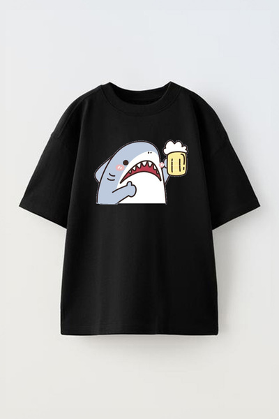 THEWERT Μπλουζάκι Sahroş Unisex Shark με εμπριμέ μαύρο βαμβακερό oversize