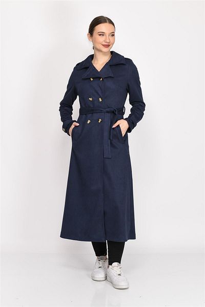 Nuseel Double Breasted Collar Faux Suede Trench Coat Navy Blue