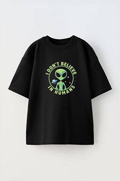 THEWERT I Don't Believe in Humans Alien Design - Tricou unisex negru oversize din bumbac