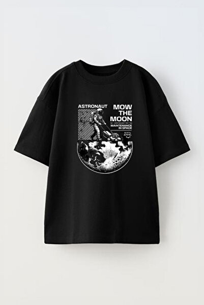 THEWERT Unisex Astronaut Oversize kroj Pamuk T-shirt - Crna, Dizajn Štampano