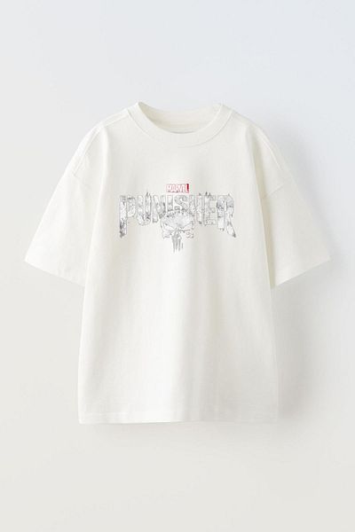 THEWERT Tricou alb din bumbac oversize - unisex, imprimat cu designul The Punisher