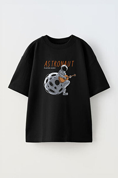 THEWERT Astronaut Gitara u svemiru Štampano Crna Pamuk Oversize kroj T-shirt ...