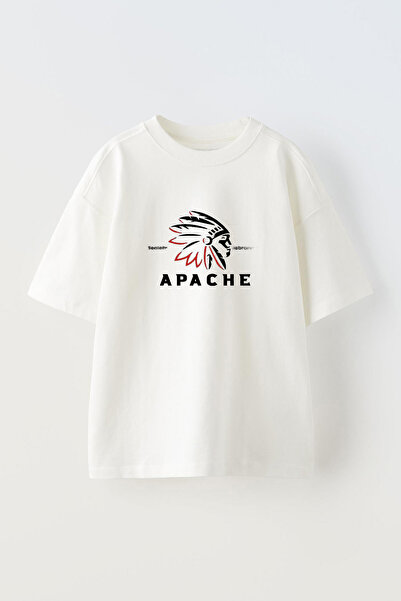 THEWERT Unisex Apache logo Štampano bela Oversize kroj Pamuk T-shirt