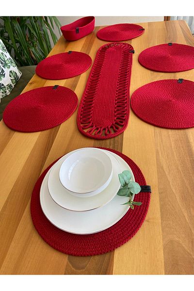Nev Design 6 Pieces Red Plate - American Serving Runner and Bread Basket Set