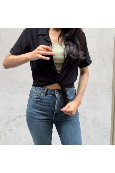 Butik Karaca KOPYA -  Oversize crop Desenli Vual Tunik Gömlek