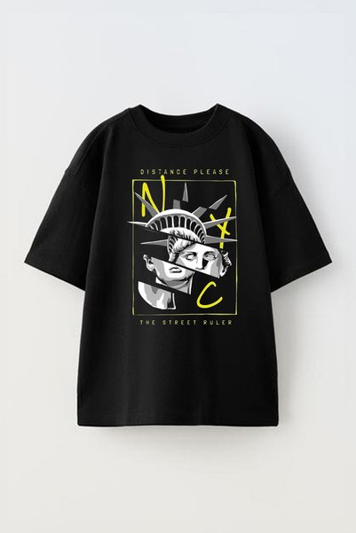 THEWERT Унисекс Pamuk црна T-shirt Oversize kroj са Štampano Distance Place T...