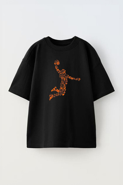 THEWERT Košarkaški dizajn unisex narandžasta Pamuk Oversize kroj crna T-shirt