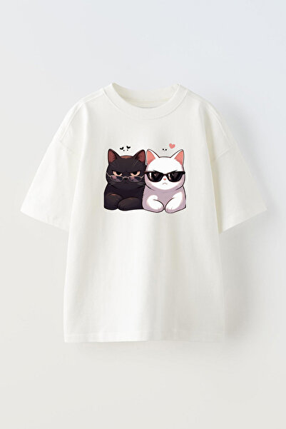 THEWERT Bela i crna mačka Štampano Pamuk Oversize kroj T-shirt - Unisex