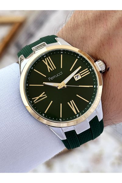 Ferrucci Special Design Green Color Silicone Cord Men's Wrist Watch with Calendar