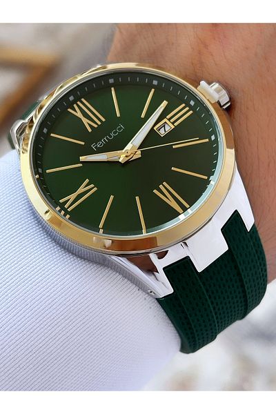 Ferrucci Special Design Green Color Silicone Cord Men's Wrist Watch with Calendar