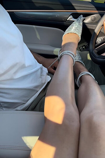 TrendyAnka Silver Nude Crystal Stoned - Transparent Goblet Heeled Wedding Engagement Evening Dress Shoes, 8 Cm