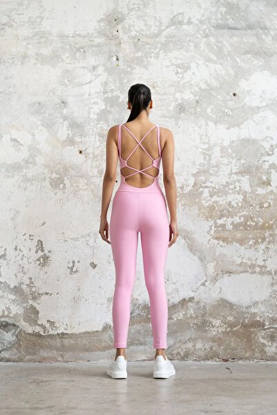 lismina Pembe Çapraz İp Detaylı Spor Tayt Tulum