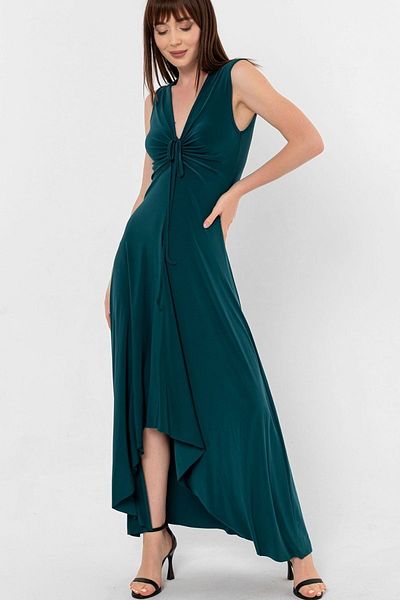Laranor Emerald Green Collar Lace Up Gather Detail Asymmetrical Dress