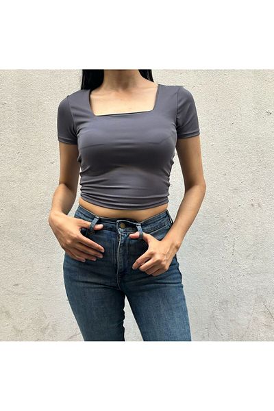 Butik Karaca Feminino Womens Lycra Crop T Shirts - Short Sleeve, Gathering Bustier
