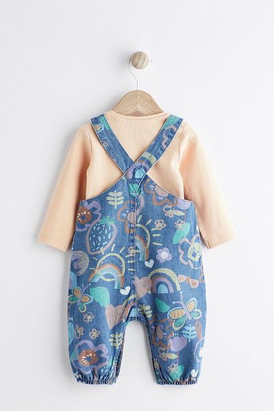 Next Baby Blue Orange Cotton Denim Salopet and Bodysuit Set