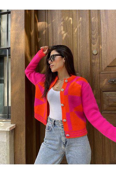 Puella Cardigan de damă roz portocaliu în formă geometrică, cu nasturi cu piatră