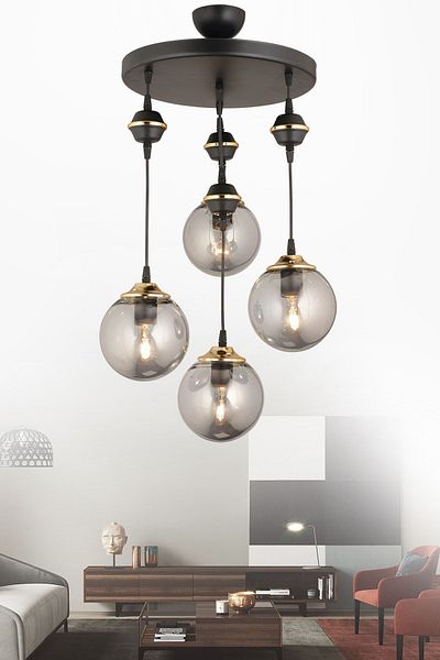 SONSUZ AYDINLATMA&AVİZE Pendant Lamp Tray Black 4-Piece Smoked Glop Top Glass Downward Facing Luxury Chandelier